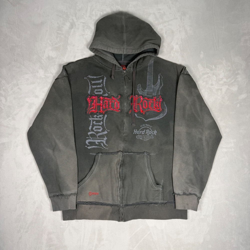 Y2K Mens Hard Rock Cafe Tampa Distressed Gothic Zip Hoodie Large